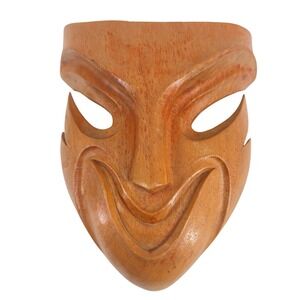 Vtg Hand Carved Wood Tribal Mask Wall Decor Balinese Indonesian Folk Art Teak